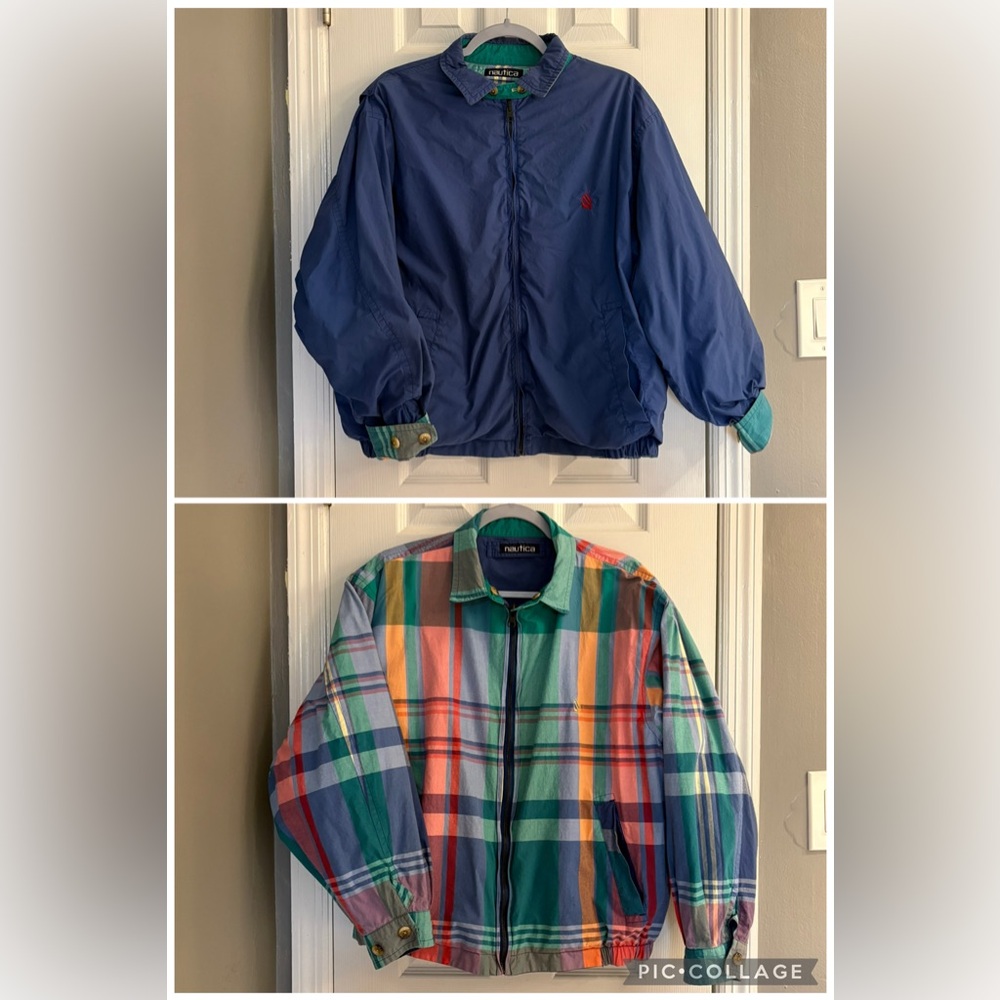 Vintage Nautica Reversible Blue And Rainbow Plaid Jacket Size Large.